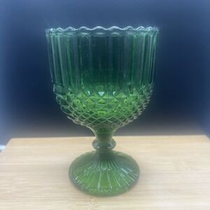 VTG Indiana Glass Green Diamond Point Ribbed Pedestal Vase Goblet Candy Dish 6"